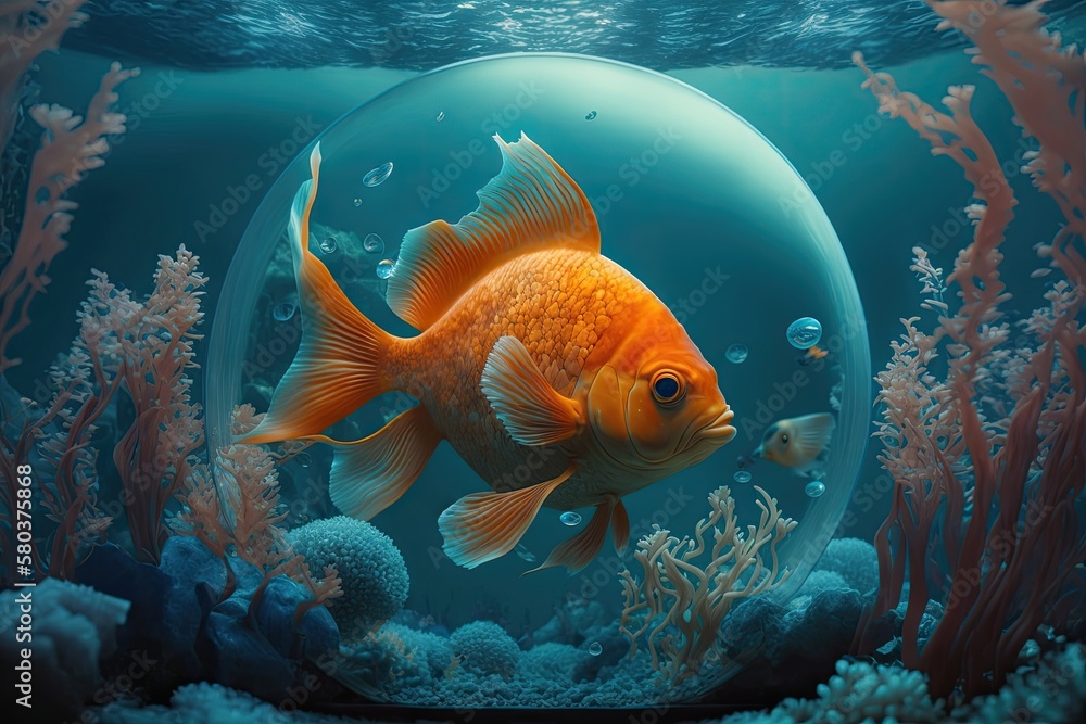 An aquarium with orange fish in it is blue. Generative AI