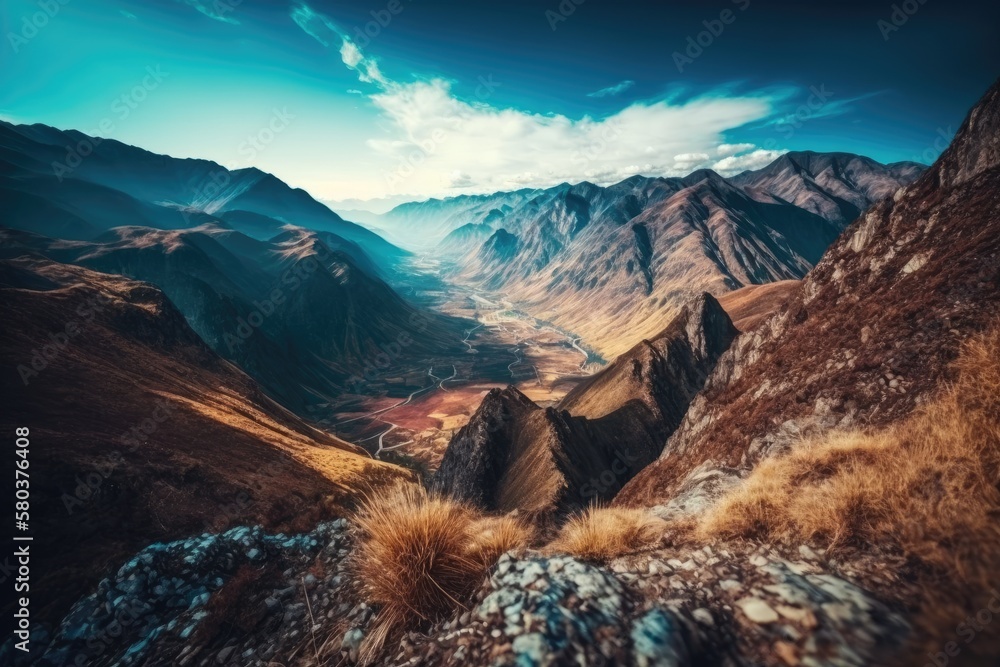 Beautiful high angle photograph of a mountainous landscape with a blue sky. Generative AI