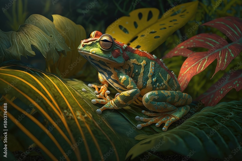 Alychnis moreletii, the Morelets tree frog, resting on some leaves. Generative AI