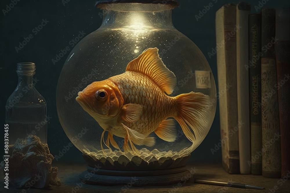 An idea has struck a goldfish with a lamp. taken using a 5D Mark III in a studio. Generative AI