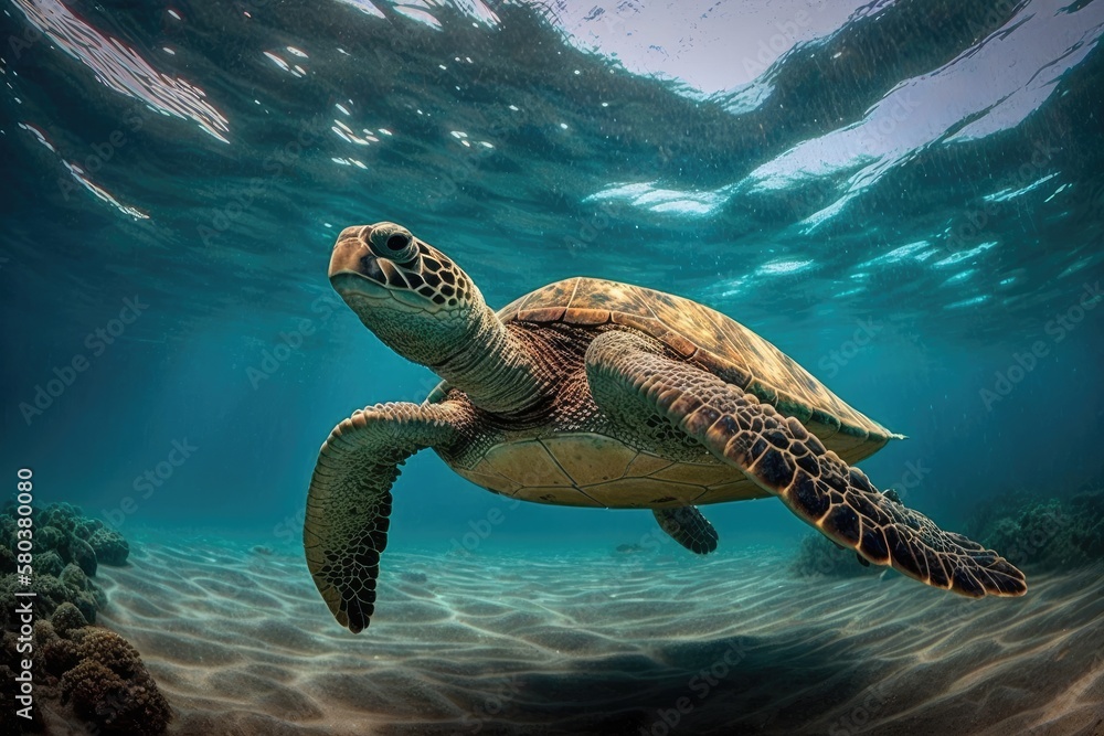 A lovely turtle swims in the ocean. Generative AI