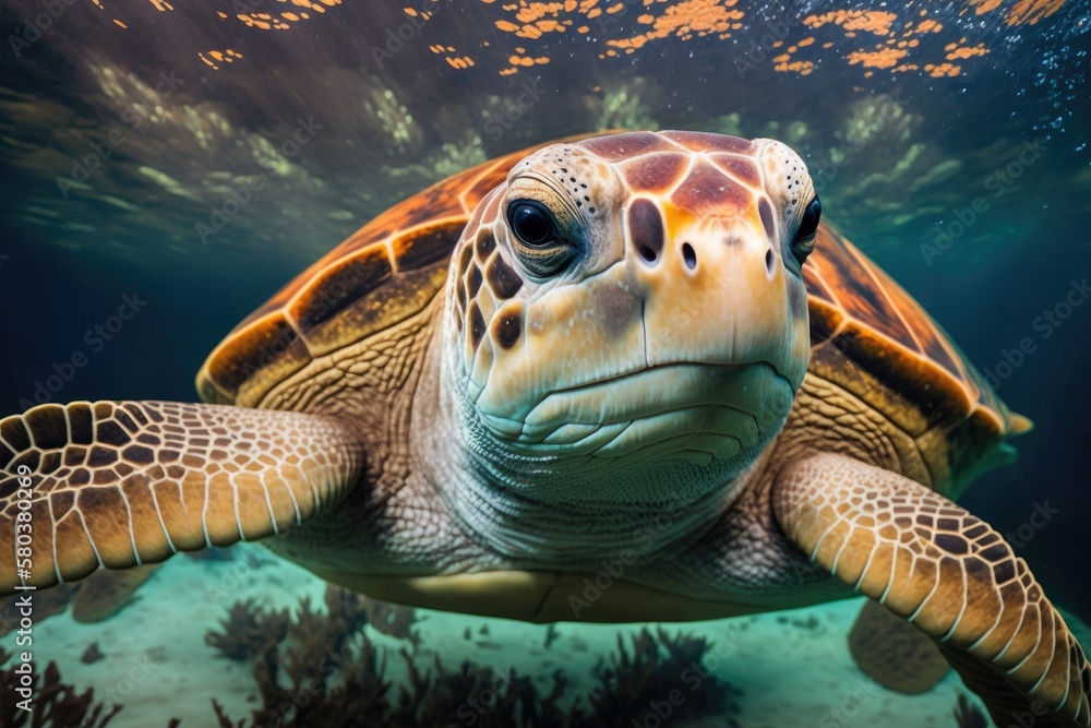 a loggerhead sea turtle underwater in close up. Generative AI