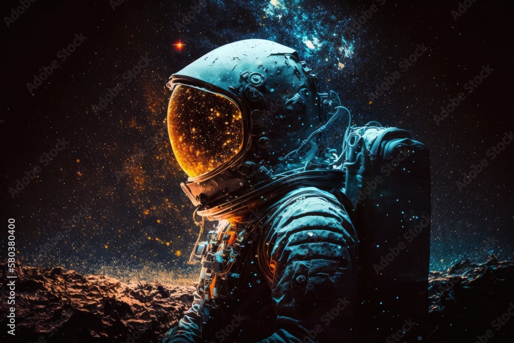 a spaceman wearing protective gear against a starry night sky. Generative AI