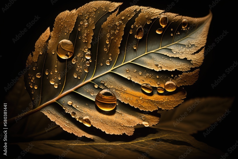 A golden leaf in macro with raindrops. Generative AI