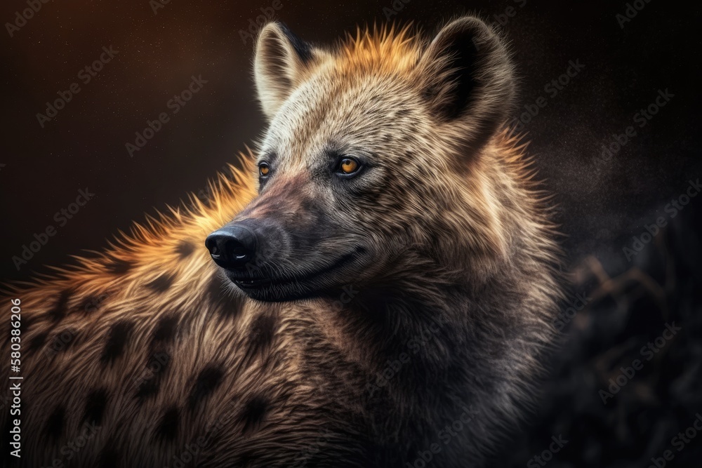 Hyena, detail portrait. Spotted hyena, Crocuta crocuta, angry animal near the watering hole, dark fo