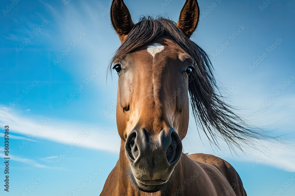 Portrait of a horse, a pet, in a field, and a horses muzzle against a blue sky. Generative AI