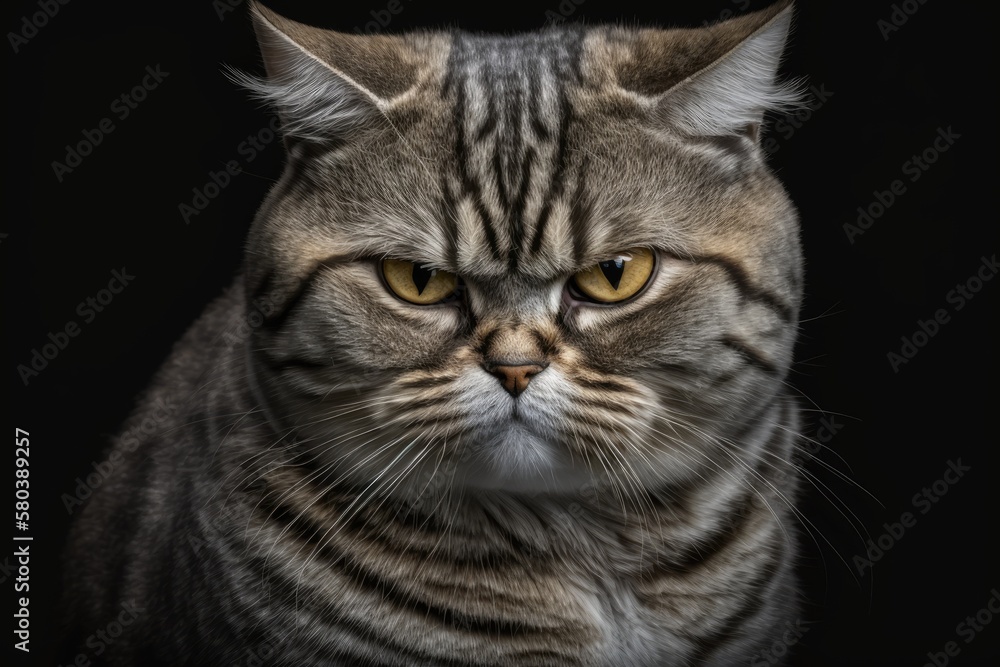 Grumpy British tabby cat on a black background. Generative AI