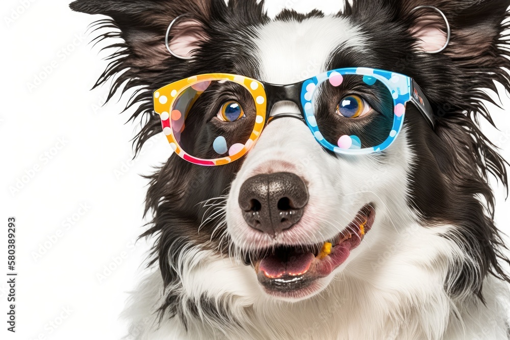 Happy Birthday idea for a party. Funny cute puppy dog border collie wearing birthday silly eyeglasse