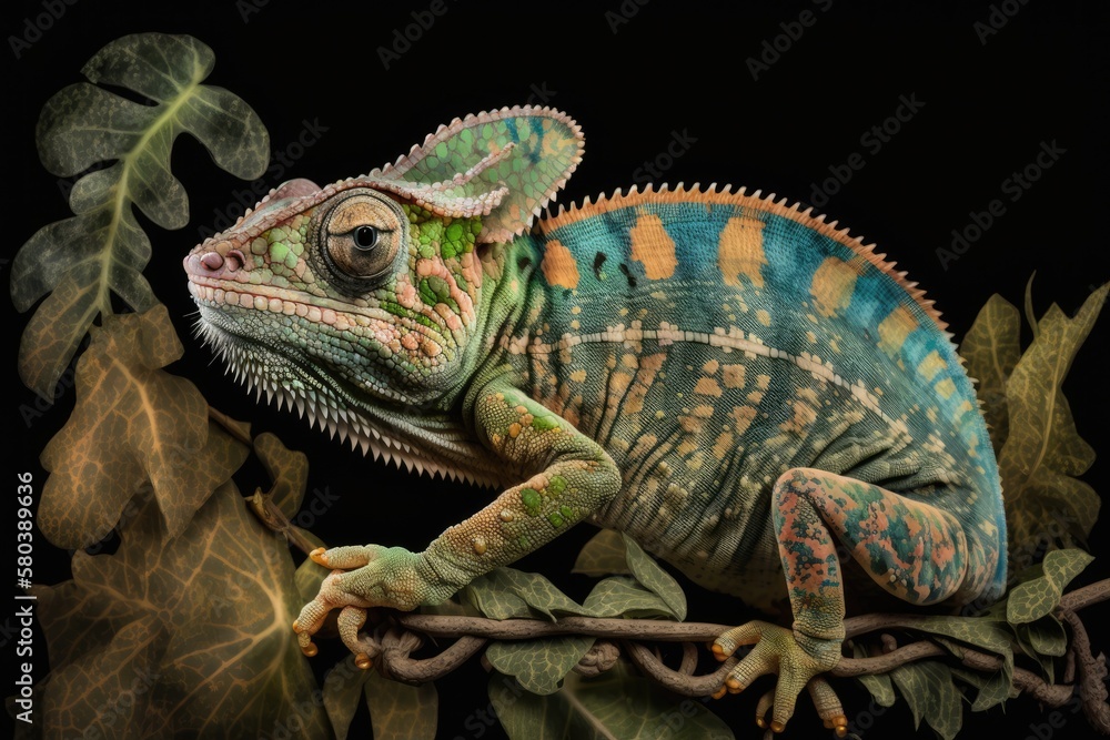 Yemen chameleon on a large black background, by itself. On the green leaves was a lizard. The color 