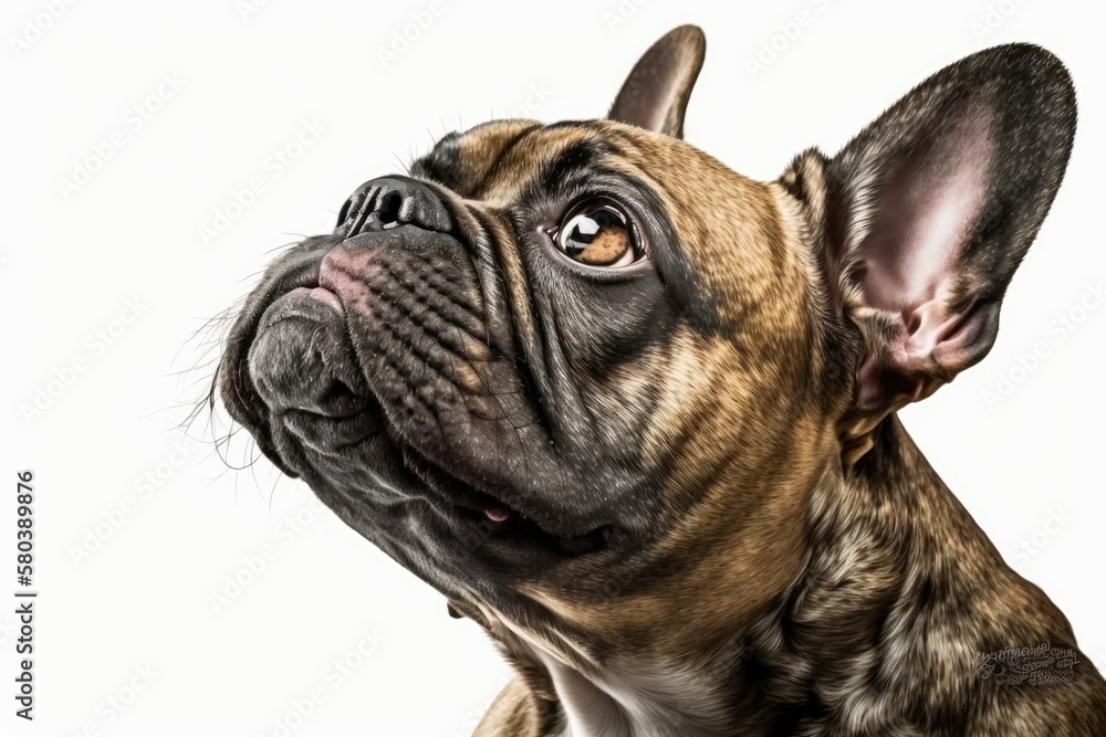 A head shot of a French Bulldog looking up, with just the dogs head, on a white background. Generat