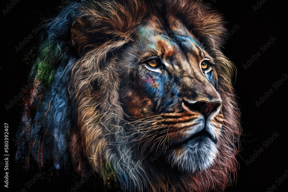 A close up of a colorfully painted lions face ON A BLACK BACKGROUND IN WATERCOLOR AND SKETCH. Gener