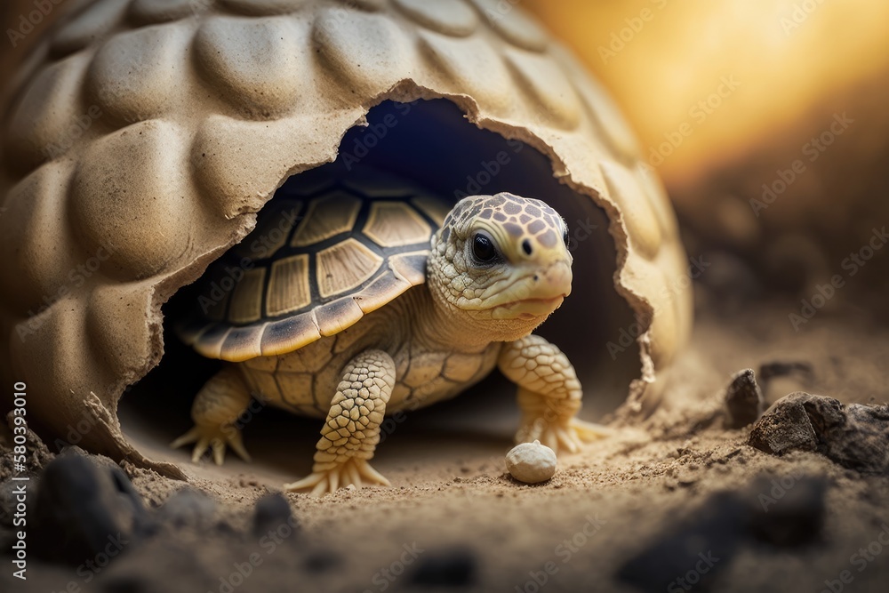 Close up of a baby tortoise being born (African spurred tortoise), Cute baby animal, slow life, cute