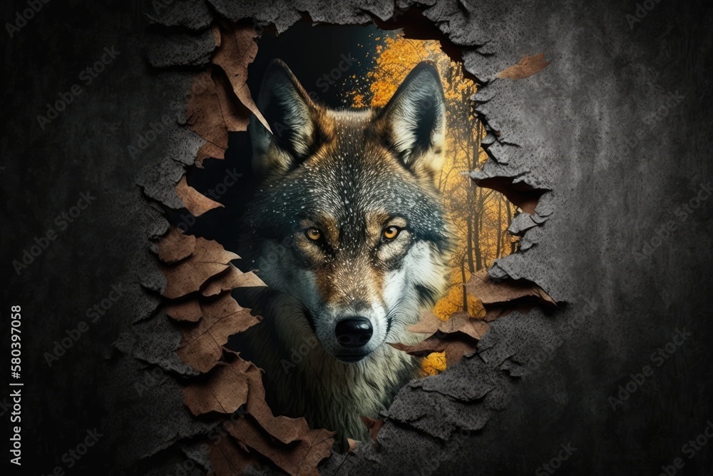 Wolf wallpaper with a deteriorating look,. Generative AI