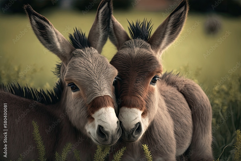 Two small donkeys are cuddling as they eat grass. Generative AI