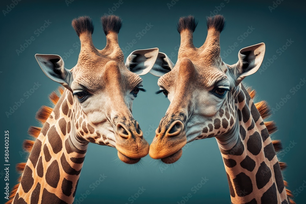 Two giraffes with their necks tied together. Generative AI