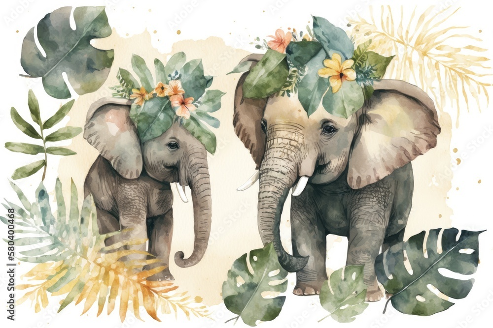 Watercolor illustration tropical animal portrait. Exotic print for summer party for kids. Elephants 