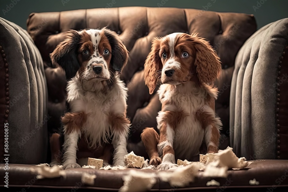 Two guilty dogs look innocent after they bite and destroy a sofa. Generative AI