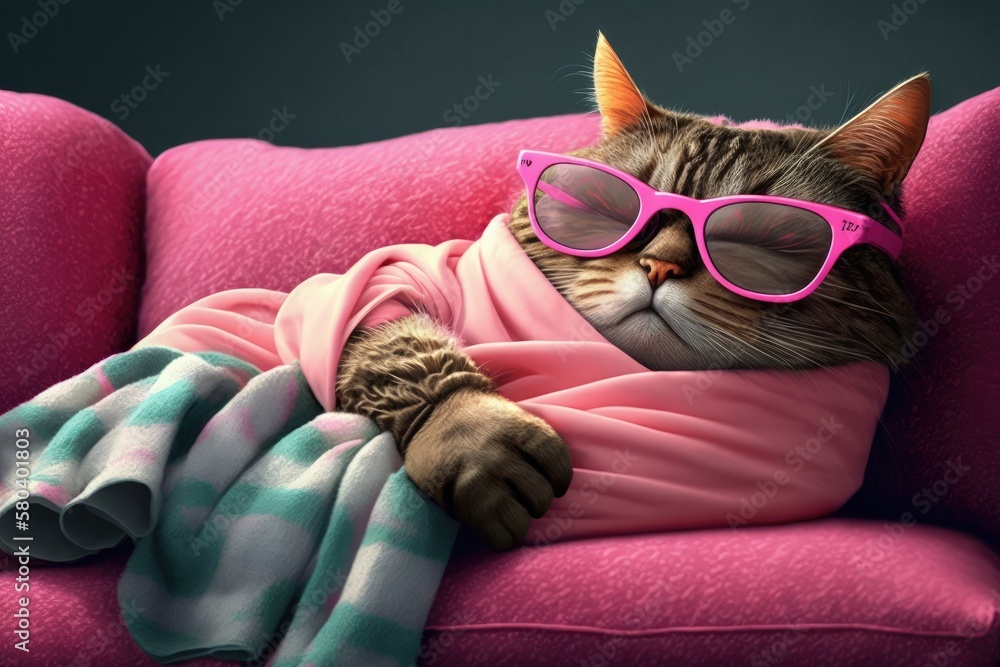 This cute and funny tabby cat is wearing pink sunglasses in the shape of heat and sleeping on a big 