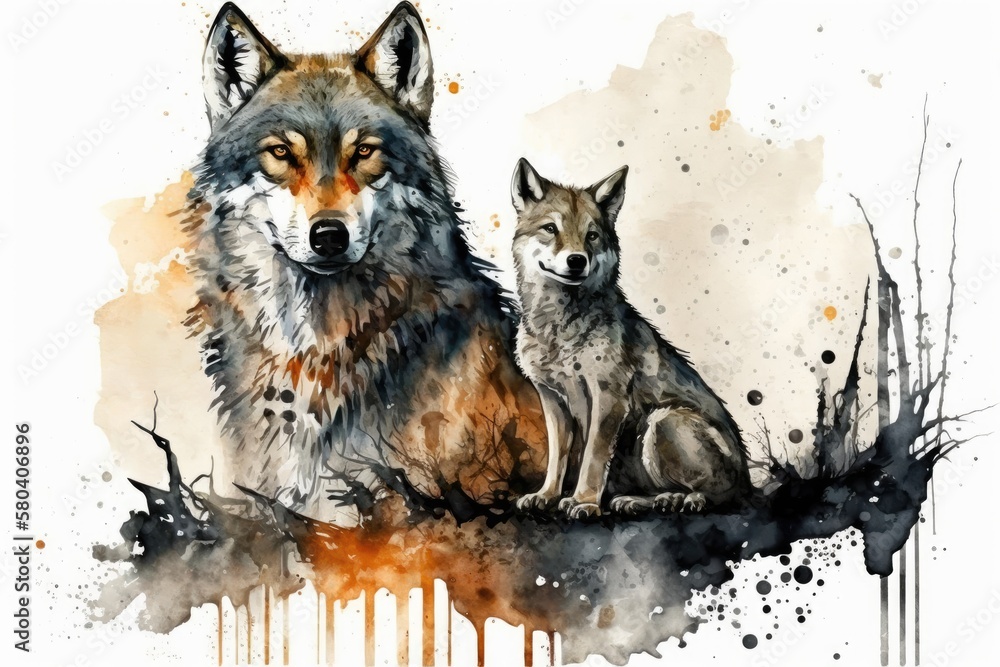 The mother wolf and her cub. drawing with watercolors. Generative AI