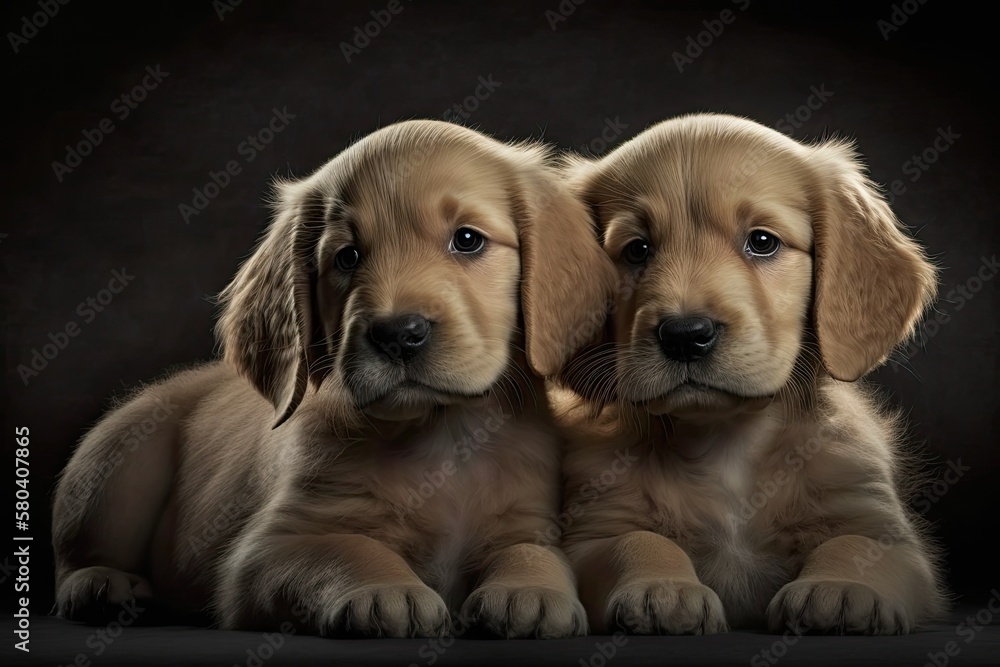 There were two golden retriever puppies lying next to each other. Animal studio portrait. Generative