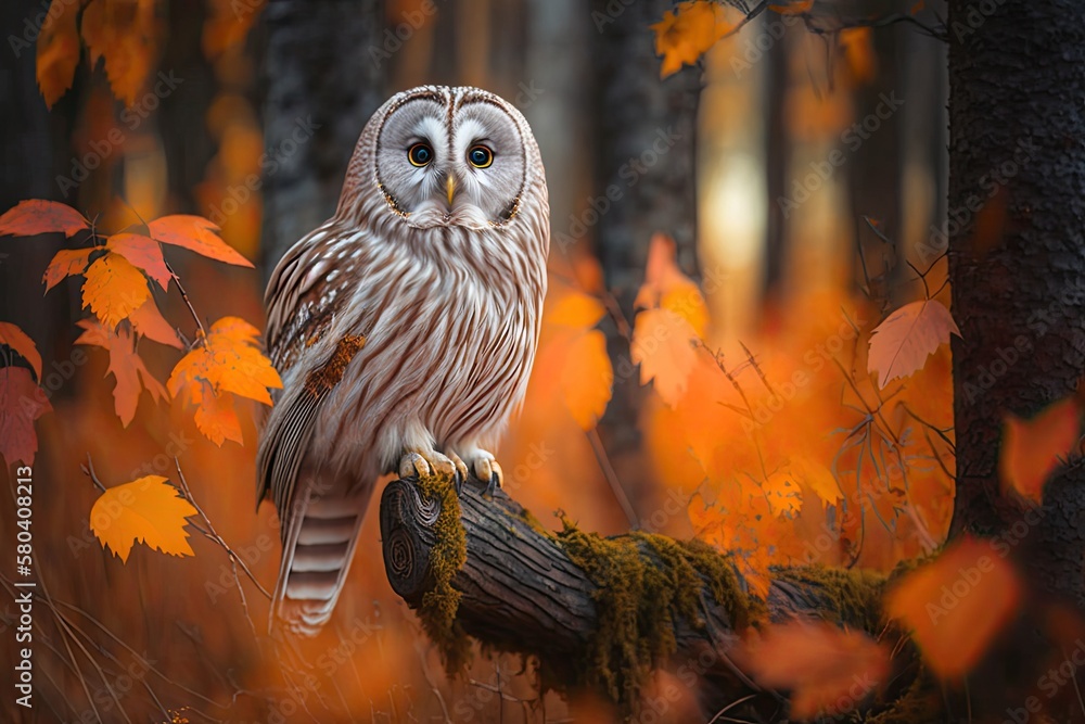 The Ural Owl, Strix uralensis, is sitting on a branch in a Swedish oak forest with orange colored le