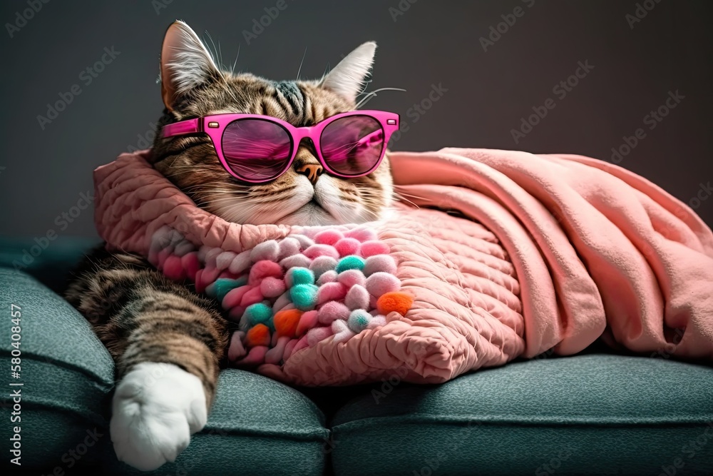 This cute and funny tabby cat is wearing pink sunglasses in the shape of heat and sleeping on a big 