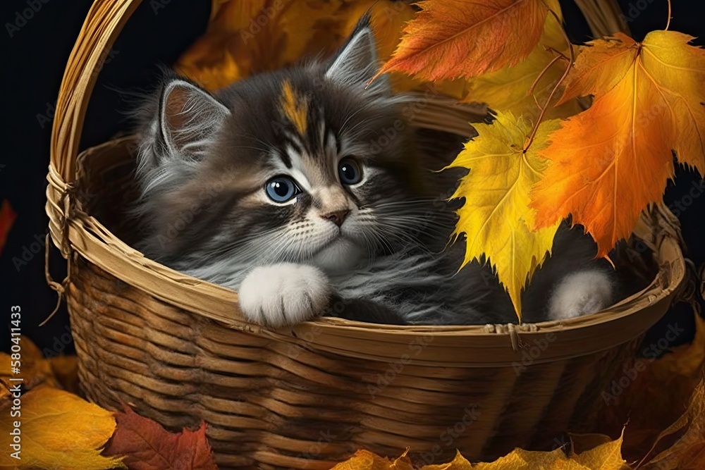 The cat is in the basket. Cat in a basket and leaves from fall. A young cat with colors. Autumn leav