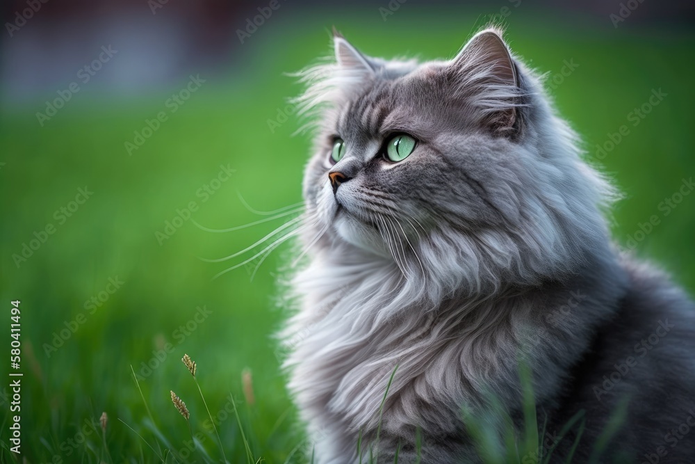 The cat sits on a green lawn and looks to the side. A close up picture of a fluffy gray cat with gre