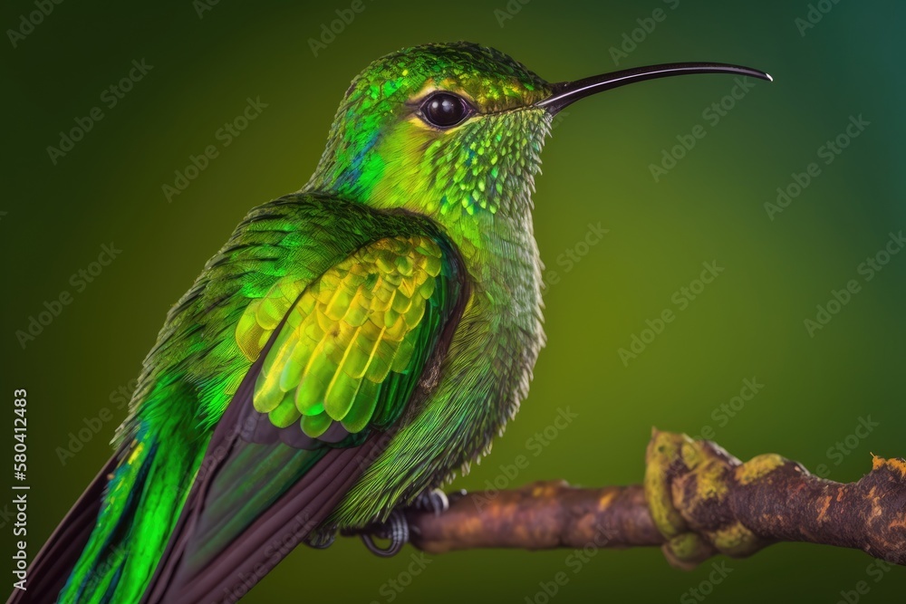 The Green crowned Brilliant, Heliodoxa jacula, is shown against a green background in a very detaile