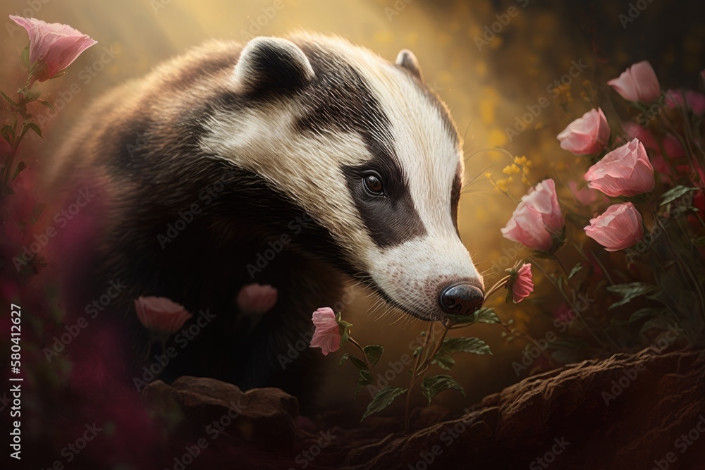 The European badger is sniffing a wild rose that is in bloom. Horizontally. Generative AI