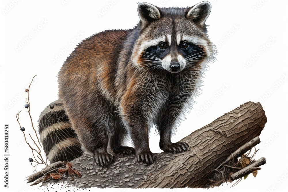 Realistic drawing of a raccoon (Procyon), illustration for an animal encyclopedia, image on white ba