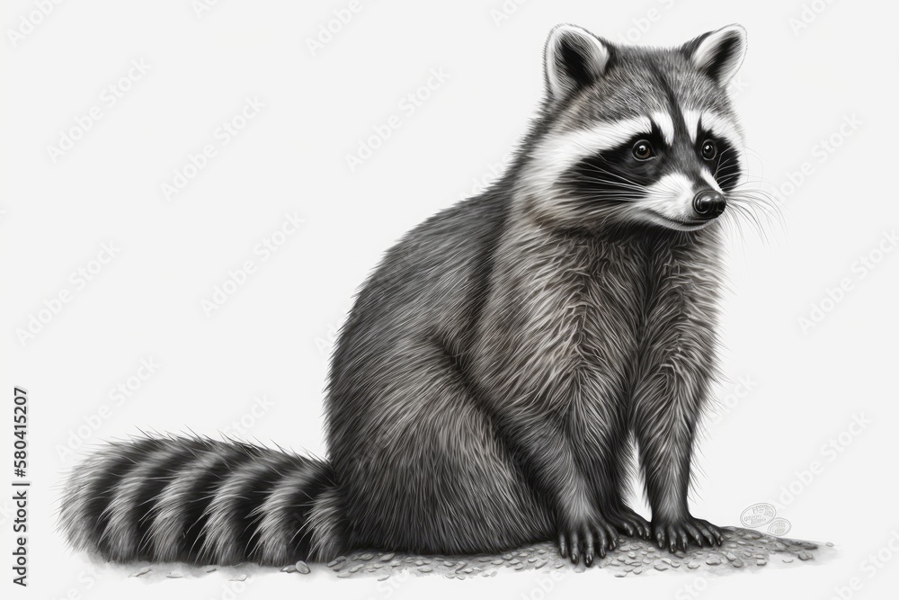 Realistic drawing of a raccoon (Procyon), illustration for an animal encyclopedia, image on white ba