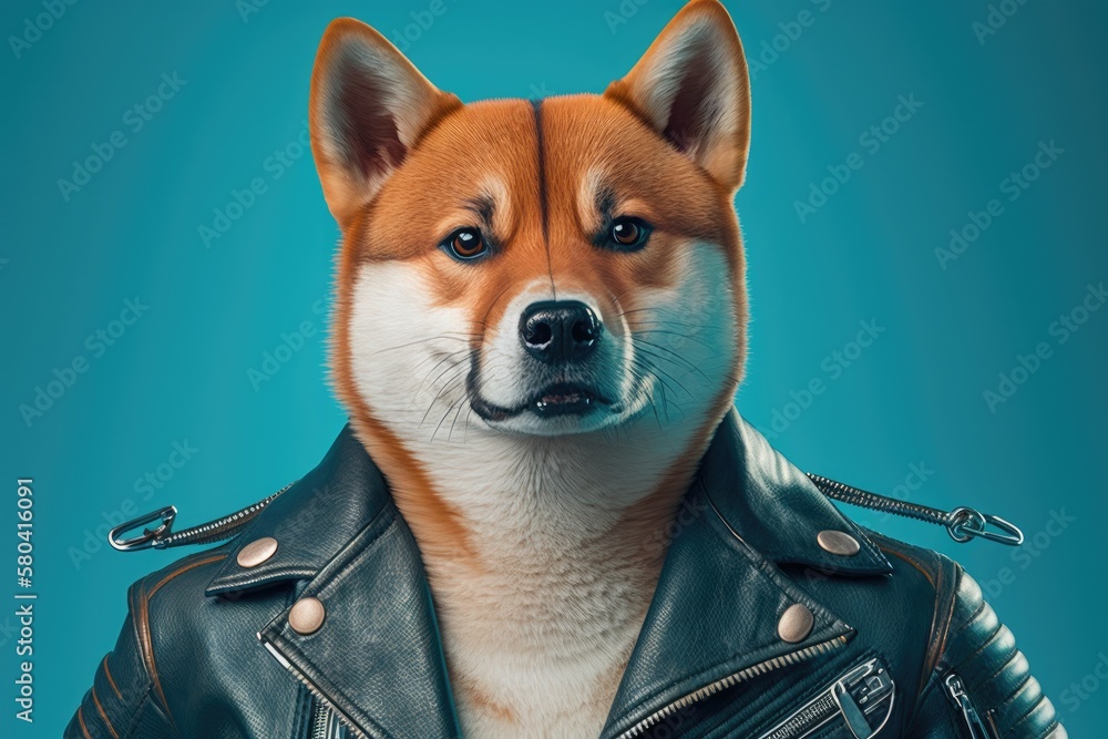 Shiba Inu dog in leather jacket looking funny on blue background. Cool badass biker vibe. Funny anim