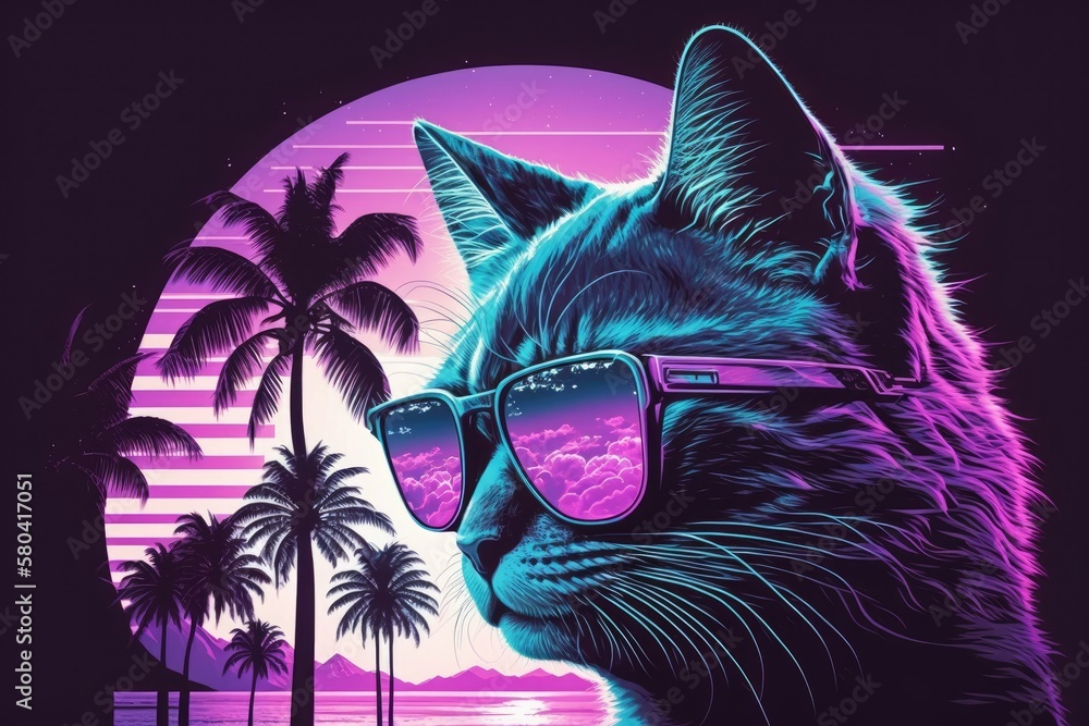 Retro wave synth vaporwave portrait of a cat wearing sunglasses and a reflection of palm trees. Sci 