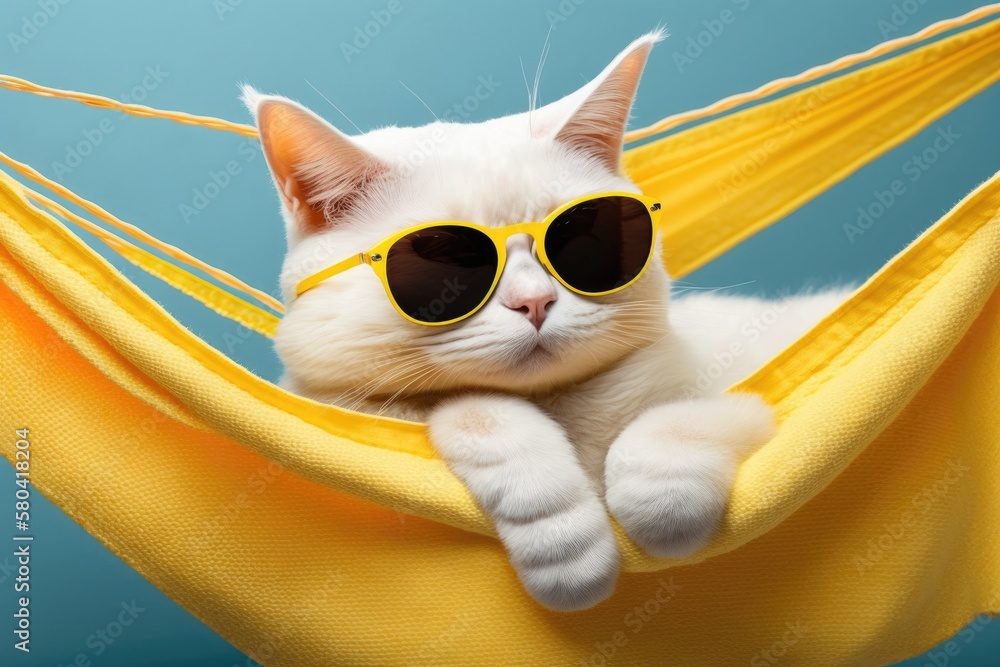 Portrait of a cute white cat with sunglasses and a shirt on. The cat is lying on a fabric hammock, a