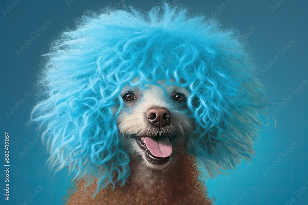 Portrait of a dog with a wig made out of its own undercoat and a smile on a blue background. Its ti