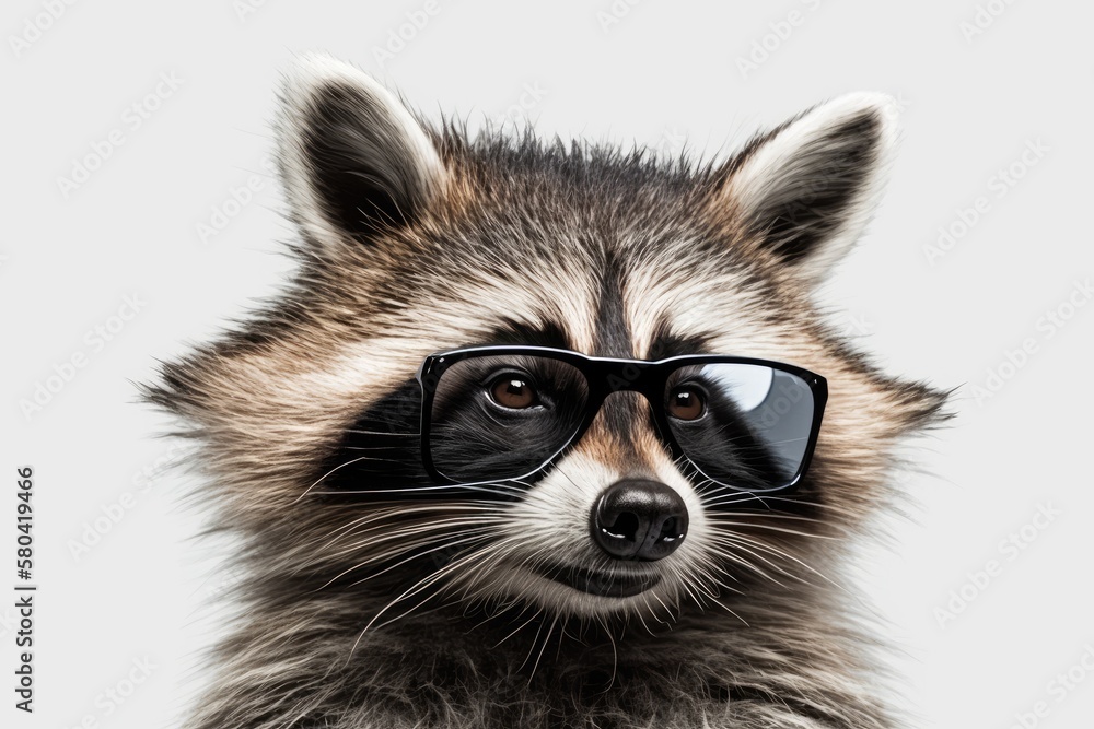 Portrait of a funny raccoon wearing sunglasses and making a sign, set against a white background. Ge