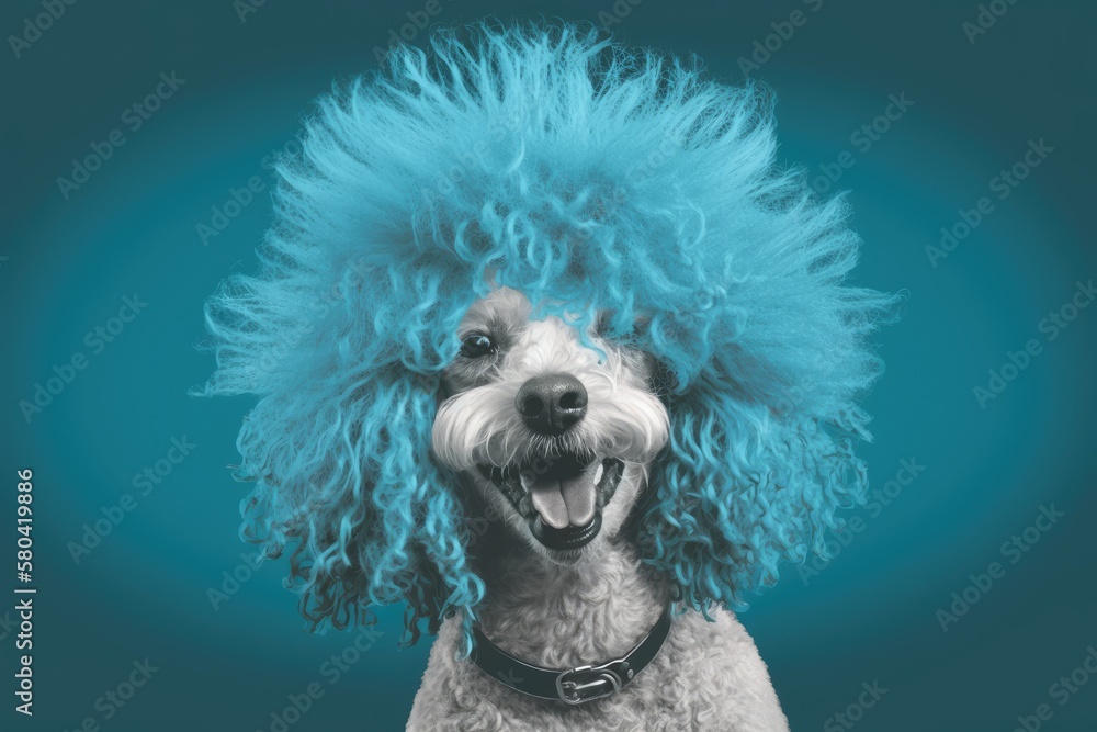 Portrait of a dog with a wig made out of its own undercoat and a smile on a blue background. Its ti