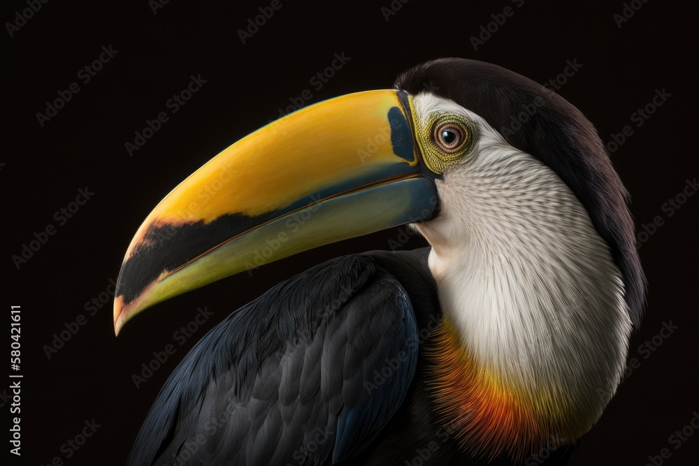 Portrait of a white throated toucan on a black background. Generative AI