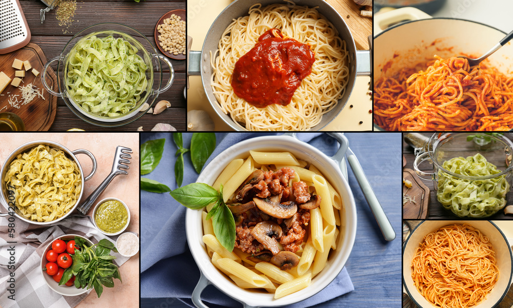 Collage of cooking pots with tasty boiled pasta on table