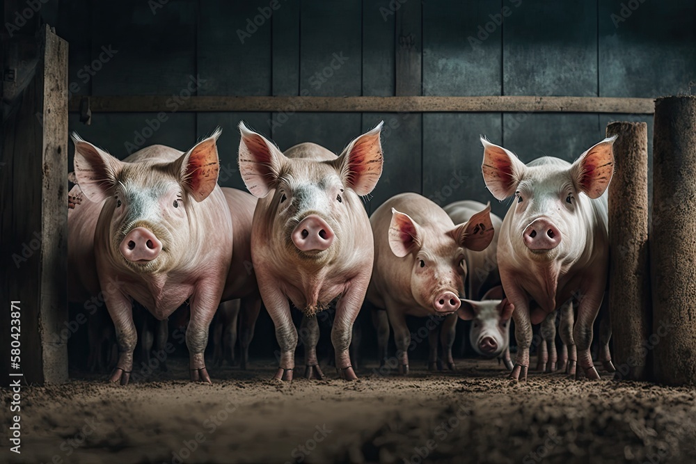 Pigs in a barnyard waiting to be fed. pigs were in the pen. Portrait animal. Generative AI