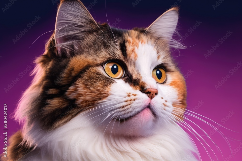 Pink background with a fluffy cat. A female calico or torbie cat with long hair looks up with an int