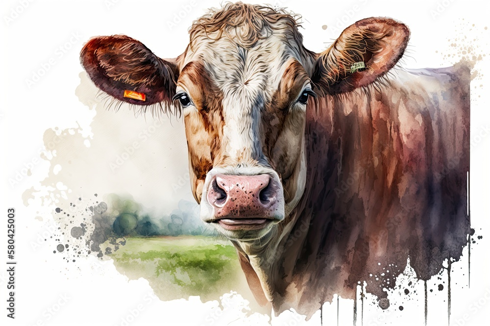 Portrait of a cow farm drawn by hand in watercolor Animals on farms. Generative AI