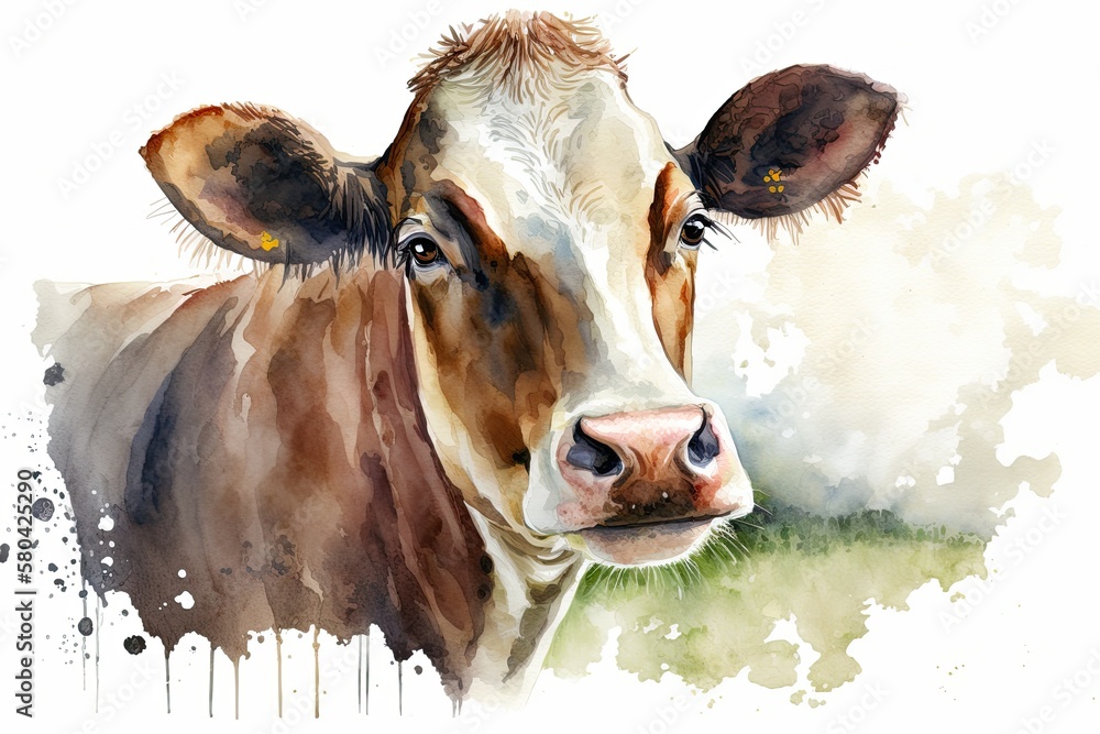 Portrait of a cow farm drawn by hand in watercolor Animals on farms. Generative AI