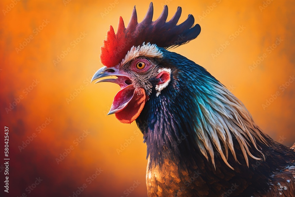 Portrait of a beautiful, colorful rooster crowing against an orange background with bokeh. The comb 