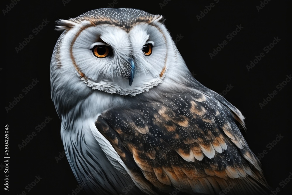 Owl with a white face on a black background. Generative AI