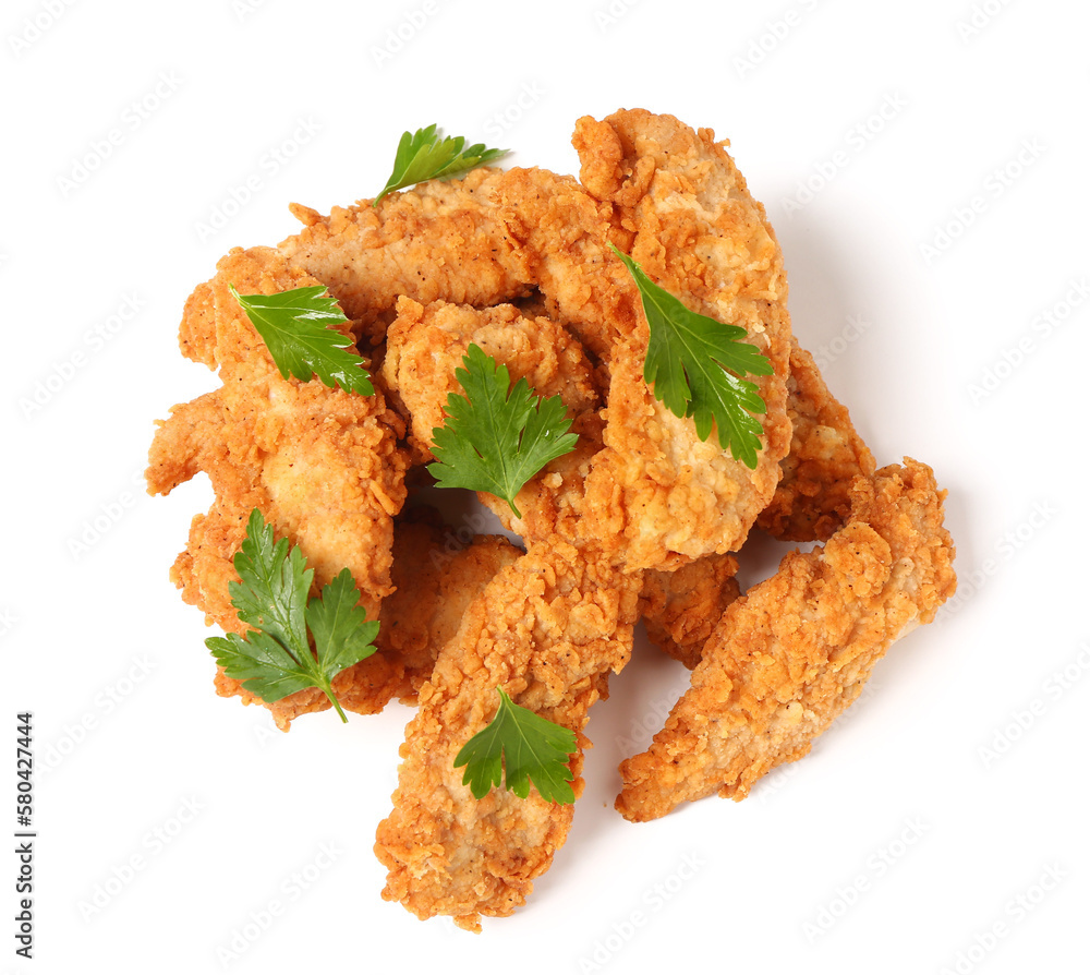 Heap of tasty nuggets with parsley on white background