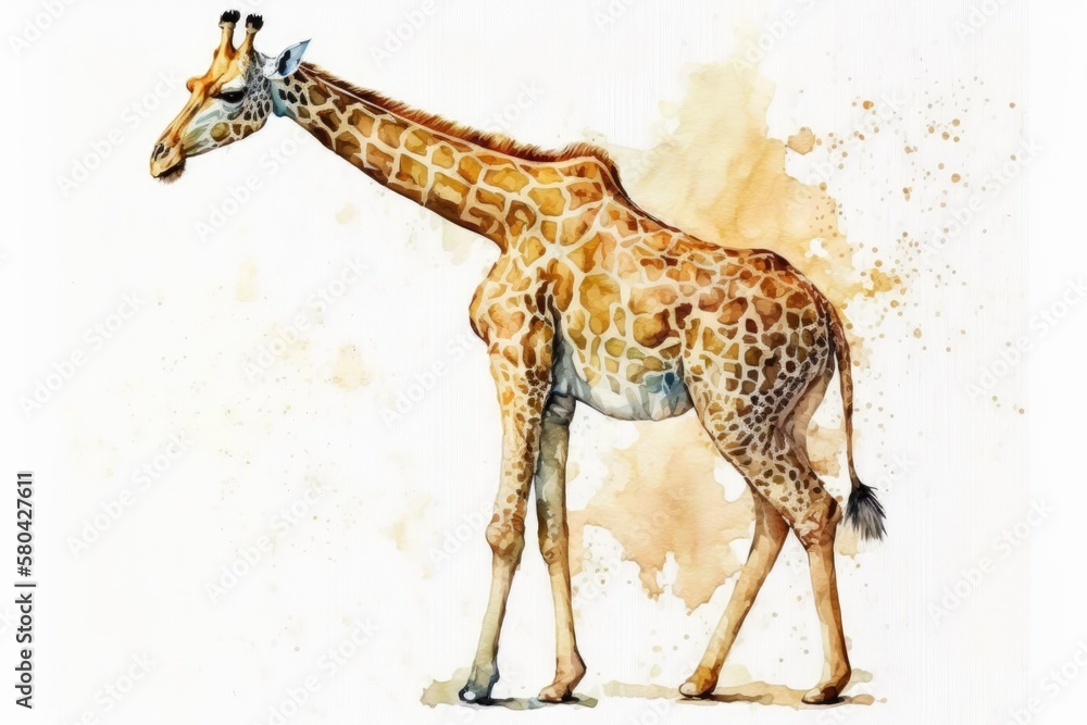 Painting with watercolors. A giraffes picture. Safari. Mammal with four toes. On a white background