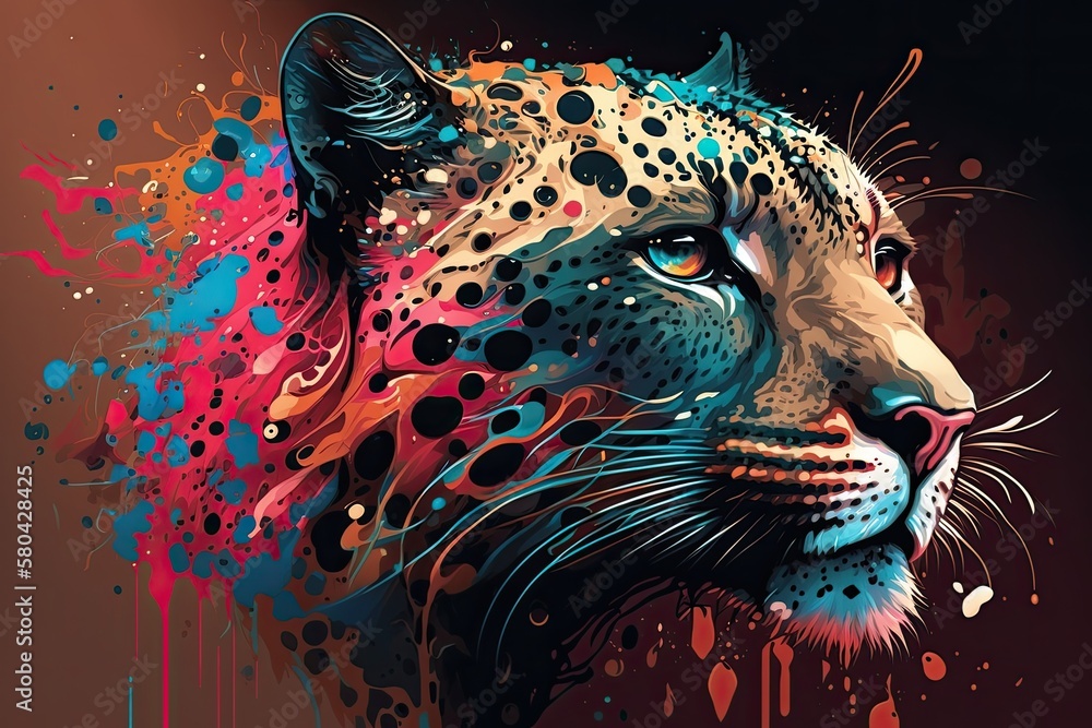 On a colorful background, there is a leopards head with an abstract design. Generative AI