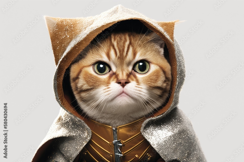 Neva the cat in a costume on a white background. Generative AI